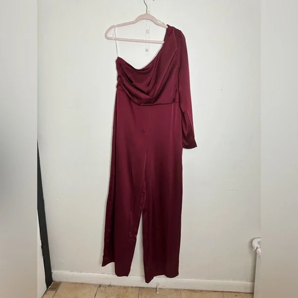 Lulu’s Wine Red Burgundy Satin One-Shoulder Jumpsuit size XL - Picture 6 of 14